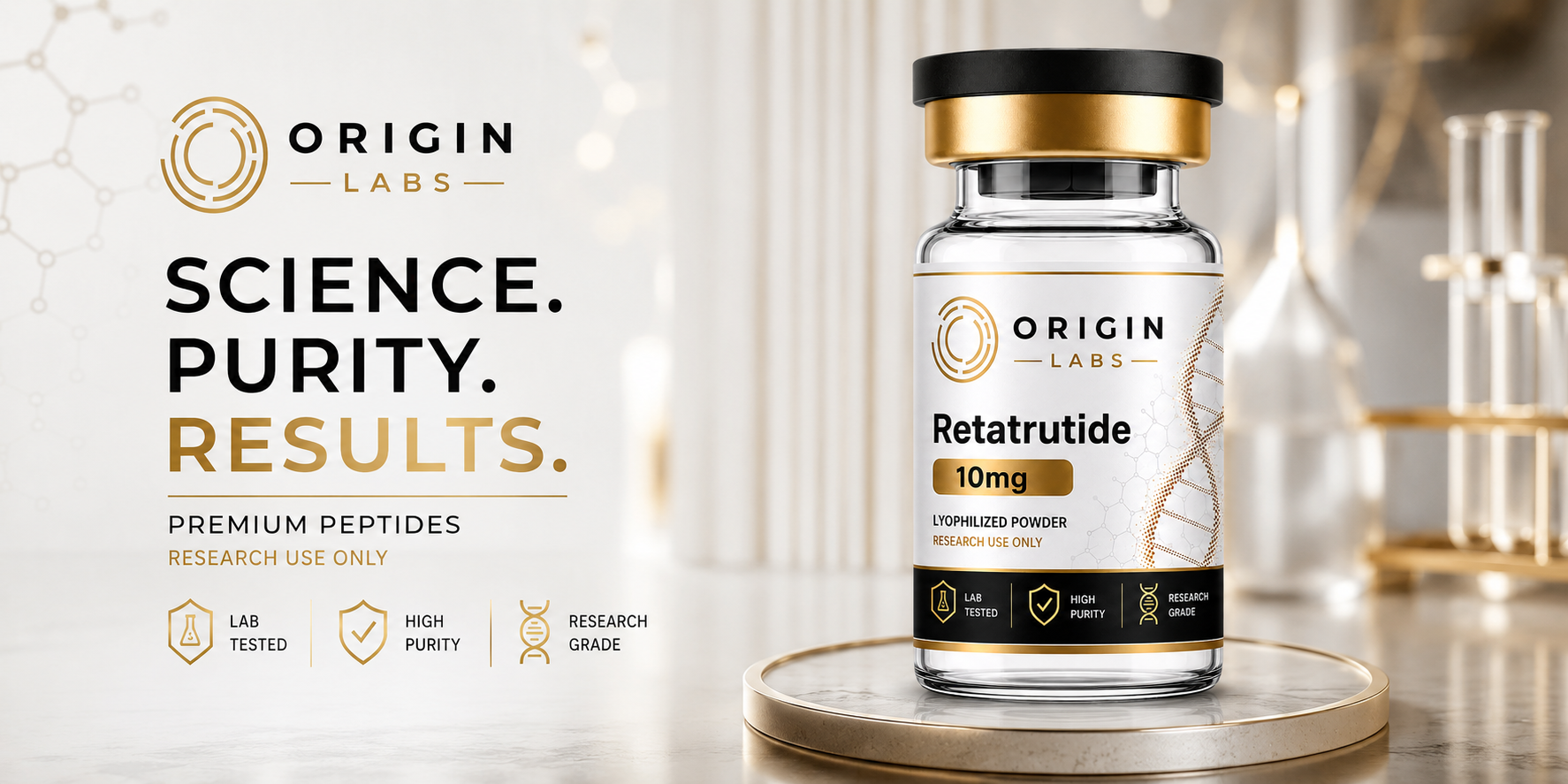 Origin Labs New Zealand research peptides — Retatrutide, Tirzepatide, BPC-157, GHK-Cu and MOTS-C vials released at 99%+ HPLC-MS purity